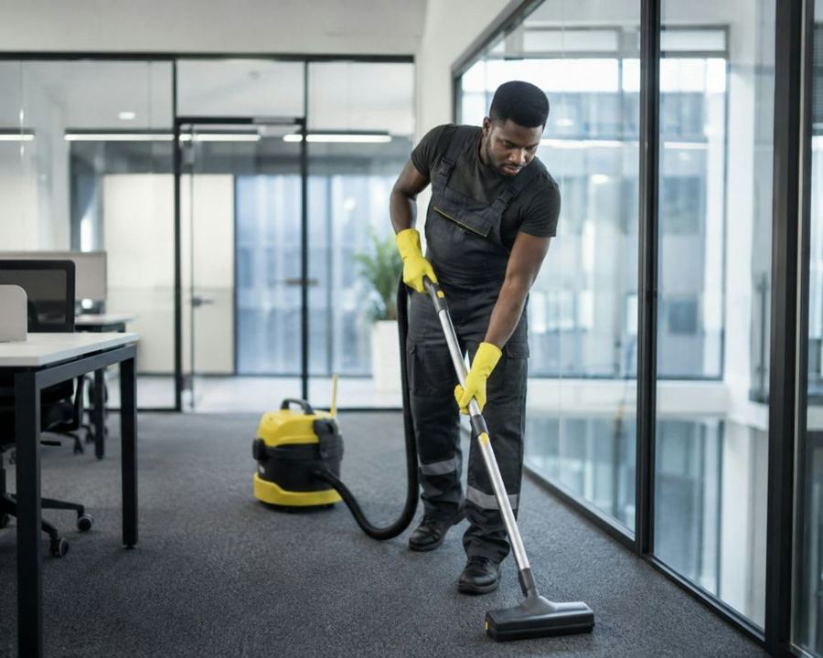 Cleaner vacuuming an office