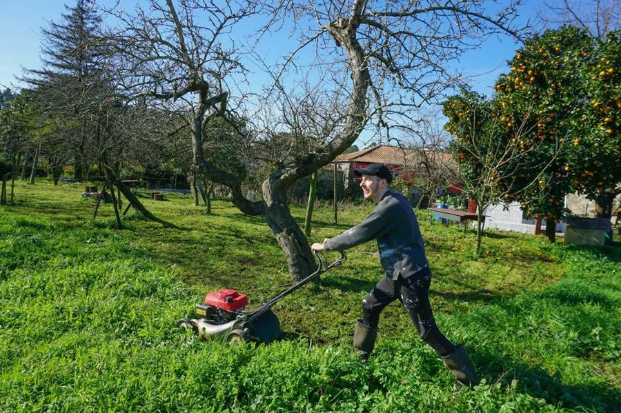 Crew member mowing a lawn