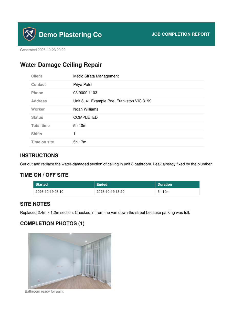 Sample proof of job report with times on site and photos